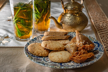 Traditional Moroccan tableware and sweets for tea ceremony