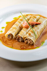 Cannelloni with meat in sauce on a white plate