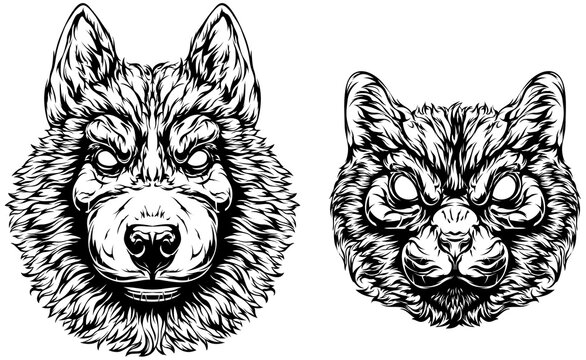 Head of dog and cat. Abstract characters illustrations. Graphic logo designs templates. Images of portraits. Angry illustrations. Black color on white.