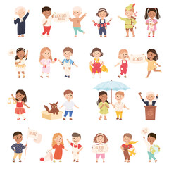 Little Kid Characters Doing Justice Playing Fair and Honesty Big Vector Set