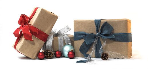 Christmas gifts with brown wrapping paper and bow