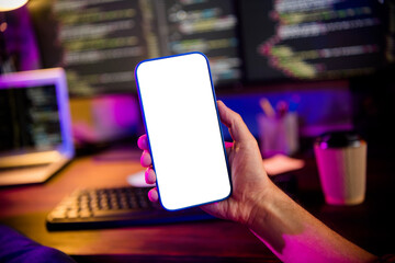 Photo of coder hands arms creating ecard ecommerce app gadget empty space indoors workplace...