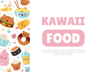 Kawaii Food Banner Design with Tasty Meal with Cute Faces Vector Template
