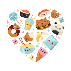 Kawaii Food Heart Shaped Composition with Tasty Meal with Cute Faces Vector Template