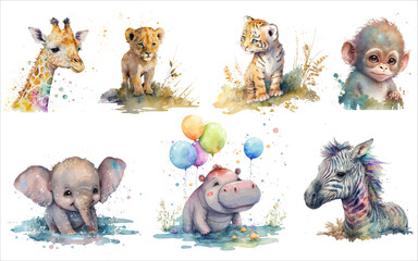 Obraz premium Safari Animal set hippopotamus, monkey, giraffe, lion cub, tiger cub, elephant cub, zebra in watercolor style. Isolated vector illustration