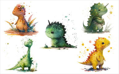 Safari Animal set small dinosaurs of different colors in watercolor style. Isolated vector illustration © Zaleman