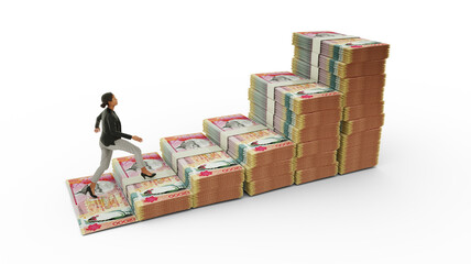 Business woman climbing stairs made of Mauritian Rupee notes. 3D rendering of money arranged in the shape of a financial growth graph icon. Business growth concept