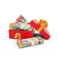 Stack of Mauritian rupee notes inside an open red gift box. Bundles of Mauritian rupees inside a gift box. 3d rendering of money inside box isolated on white background