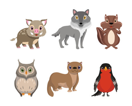 Cute Woodland Animals with Boar, Wolf, Chipmunk, Owl, Otter and Woodpecker Vector Set