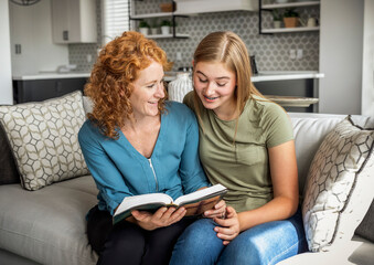 Mother and teenage daughter sitting on a couch at home reading the Bible together; Edmonton, Alberta, Canada