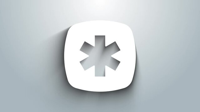 White Medical symbol of the Emergency - Star of Life icon isolated on grey background. 4K Video motion graphic animation