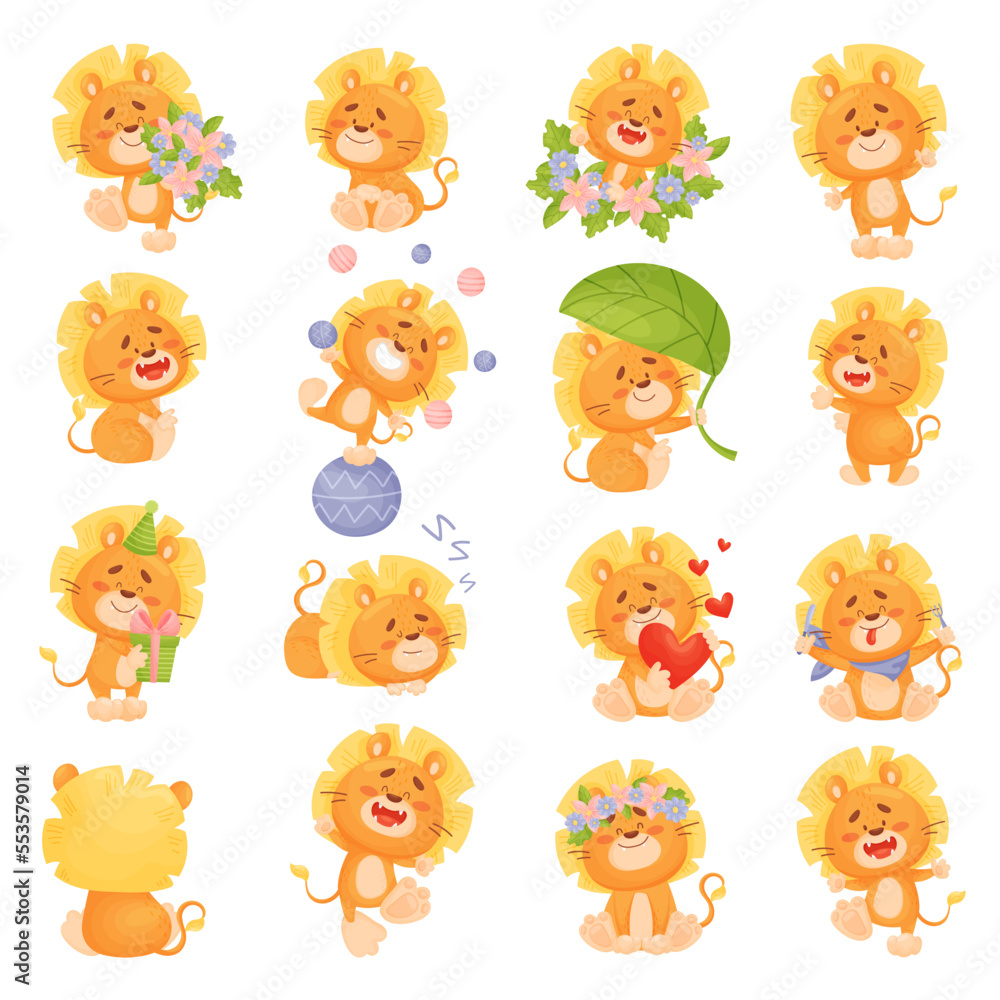 Poster lion cub character with thick mane engaged in different activity big vector set