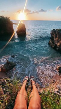 cliffside, woman by the cliff,sea, water, beach, ocean, coast, rock, landscape, island, nature, sky, rocks, summer, travel, greece, vacation, waves, holiday, wave, bay, mediterranean, view, blue, trop