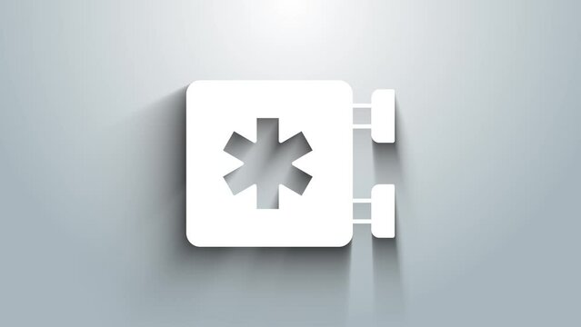 White Medical symbol of the Emergency - Star of Life icon isolated on grey background. 4K Video motion graphic animation