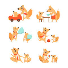 Loving Fox Mom and Dad Character with Its Cub Engaged in Different Activity Vector Set