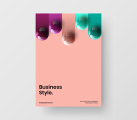 Trendy corporate brochure A4 vector design layout. Multicolored 3D spheres flyer template.