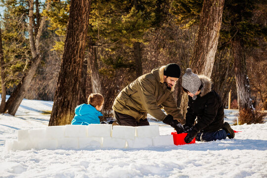 Father And Sons Use A Plastic Mold To Make Snow Blocks For Building An Igloo At A Mountain Resort; Fairmont Hot Springs, British Columbia, Canada