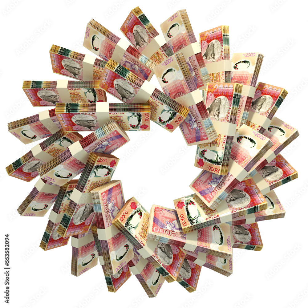 Poster 3d rendering of stacks of mauritian rupee arranged in a circular pattern.