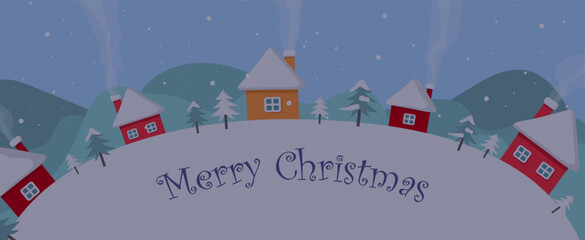 Merry Christmas card. Christmas landscape with houses with snow and fir trees