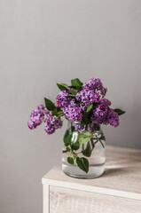 A bouquet of fresh lilacs in a glass vase.
