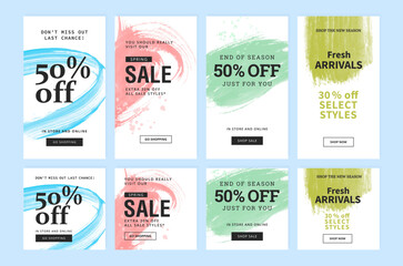 Set of creative sale templates for social media story posts. Bright layouts with watercolor strokes.