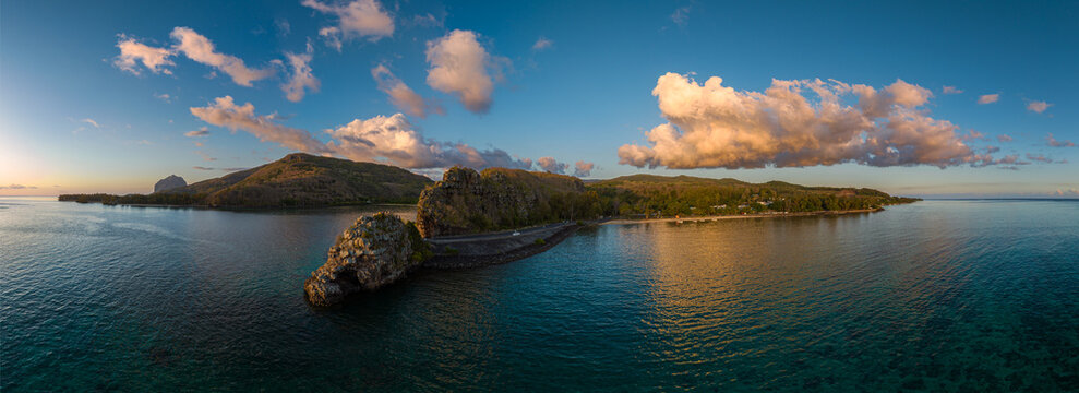 Maconde Viewpoint in Souht side of Mauritius island. 
Amazing sunset colors. Colorful panoramic landscape about Mauritius 