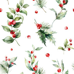 Watercolor Christmas seamless pattern of pine branch, holly, red berries and leaves. Hand painted holiday plants isolated on white background. Illustration for design, print, fabric or background.