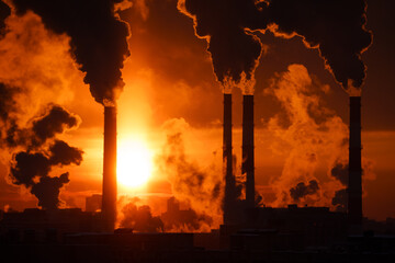 Chemical factory chimneys with raising smoke against red sunset sky in winter city during strong...