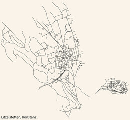  Detailed navigation black lines urban street roads map of the LITZELSTETTEN QUARTER of the German town of KONSTANZ, Germany on vintage beige background