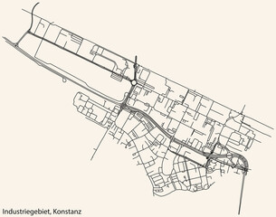 Detailed navigation black lines urban street roads map of the INDUSTRIEGEBIET QUARTER of the German town of KONSTANZ, Germany on vintage beige background