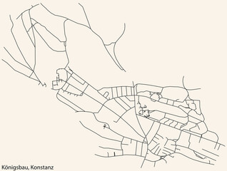 Detailed navigation black lines urban street roads map of the KÖNIGSBAU QUARTER of the German town of KONSTANZ, Germany on vintage beige background