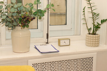 Plants in pots and clocks stand on the windowsill, plants, alarm clock