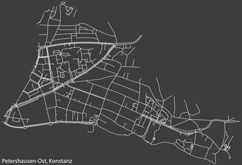Detailed negative navigation white lines urban street roads map of the PETERSHAUSEN-OST QUARTER of the German town of KONSTANZ, Germany on dark gray background