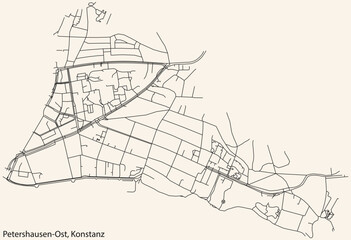 Obraz premium Detailed navigation black lines urban street roads map of the PETERSHAUSEN-OST QUARTER of the German town of KONSTANZ, Germany on vintage beige background