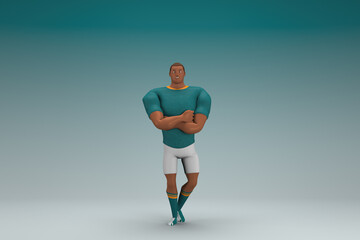 Obraz na płótnie Canvas An athlete wearing a green shirt and white pants is expression of hand when talking. 3d rendering of cartoon character in acting.