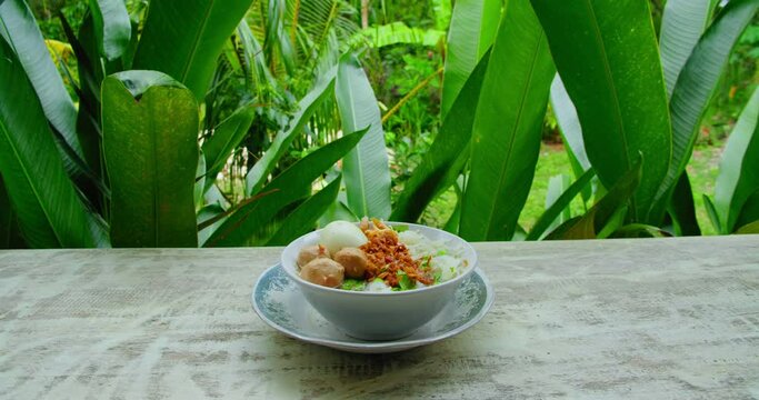 Traditional balinese food mie bakso ayam served in bowl. Plate with tasty dish of indonesian national Meatball Chicken Noodles soup. Green tropical leaves nature background.
