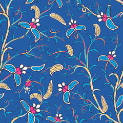 Indian stylized flowers and leaves. Seamless pattern. Floral paisley folck vector background using boteh or buta. Fantasy retro art nouveau print. Decorative repeating tiles with tropical plants.