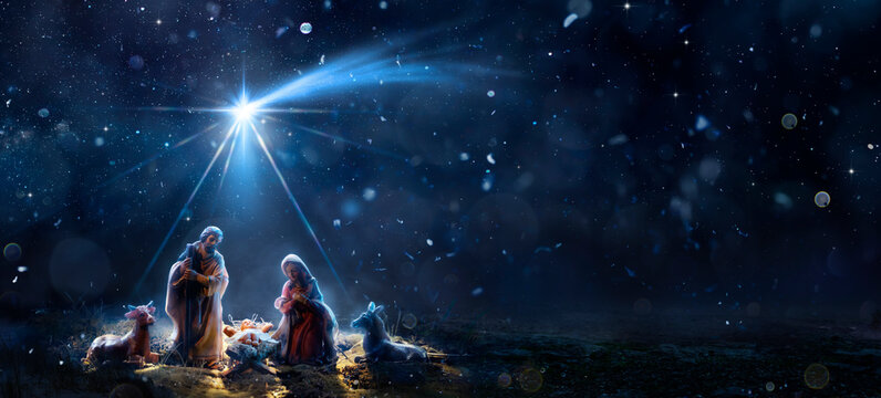Nativity Of Jesus With Comet Star - Scene With The Holy Family In Snowy Night And Starry Sky - Abstract Defocused Background