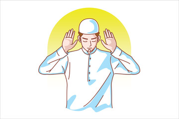 Muslim people raising two hands for prayer isolated on white background, concept for Ramadan, Eid al Fitr, eid ad-ha, prayer meditation Read the Islamic Quran