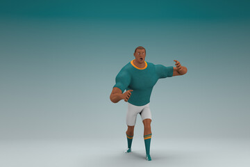 An athlete wearing a green shirt and white pants  is expression of hand when talking. 3d rendering of cartoon character in acting.