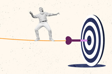 Exclusive magazine picture sketch collage image of excited funky senior guy standing arrow getting...