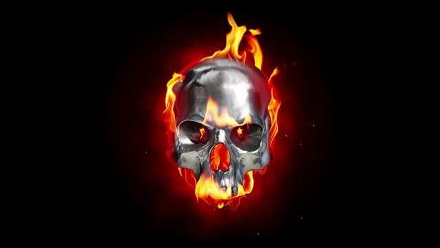 Burning metallic skull isolated on a black background. Slow motion fire flames with sparks and smoke.