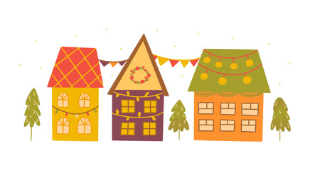 Cute cozy houses decorated for Christmas and New Year. Trees are growing nearby and it is snowing. Vector colorful illustration isolated hand drawn. Winter holiday season. Bright card