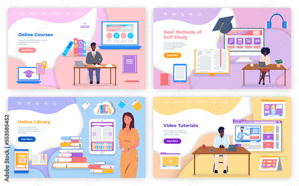 Poster best methods of self study, online education. home assignment, screen of tasks and courses. working 