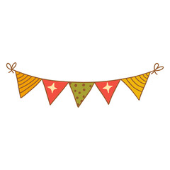 Fototapeta premium Festive garland with triangular checkboxes. Striped flags, polka dots. Colorful vector isolated illustration hand drawn doodle. Interior decoration. Holiday season, party design element contour