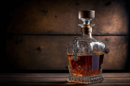 Decanter or carafe with whiskey on dark wooden background. AI
