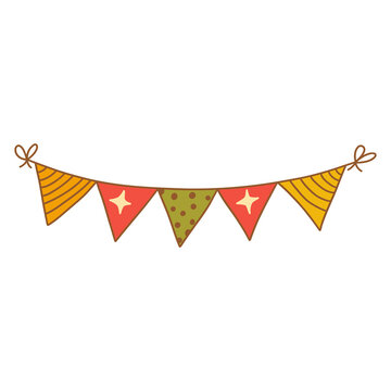 Festive garland with triangular checkboxes. Striped flags, polka dots. Colorful vector isolated illustration hand drawn doodle. Interior decoration. Holiday season, party design element contour
