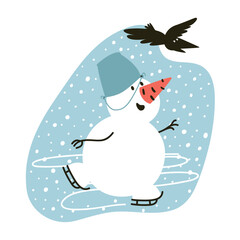 Athlete snowman skates. Winter greeting card in cartoon style for printing postcards, posters. New Year's entertainment on the street. A snowman with a crow catches snowflakes on ice.