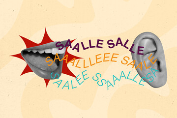 Exclusive magazine picture sketch collage image of lips shouting sale ear isolated painting...