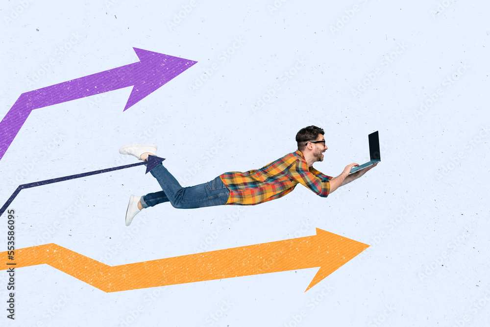Poster 3d retro abstract creative collage artwork template of tangled rope guy flying working modern gadget